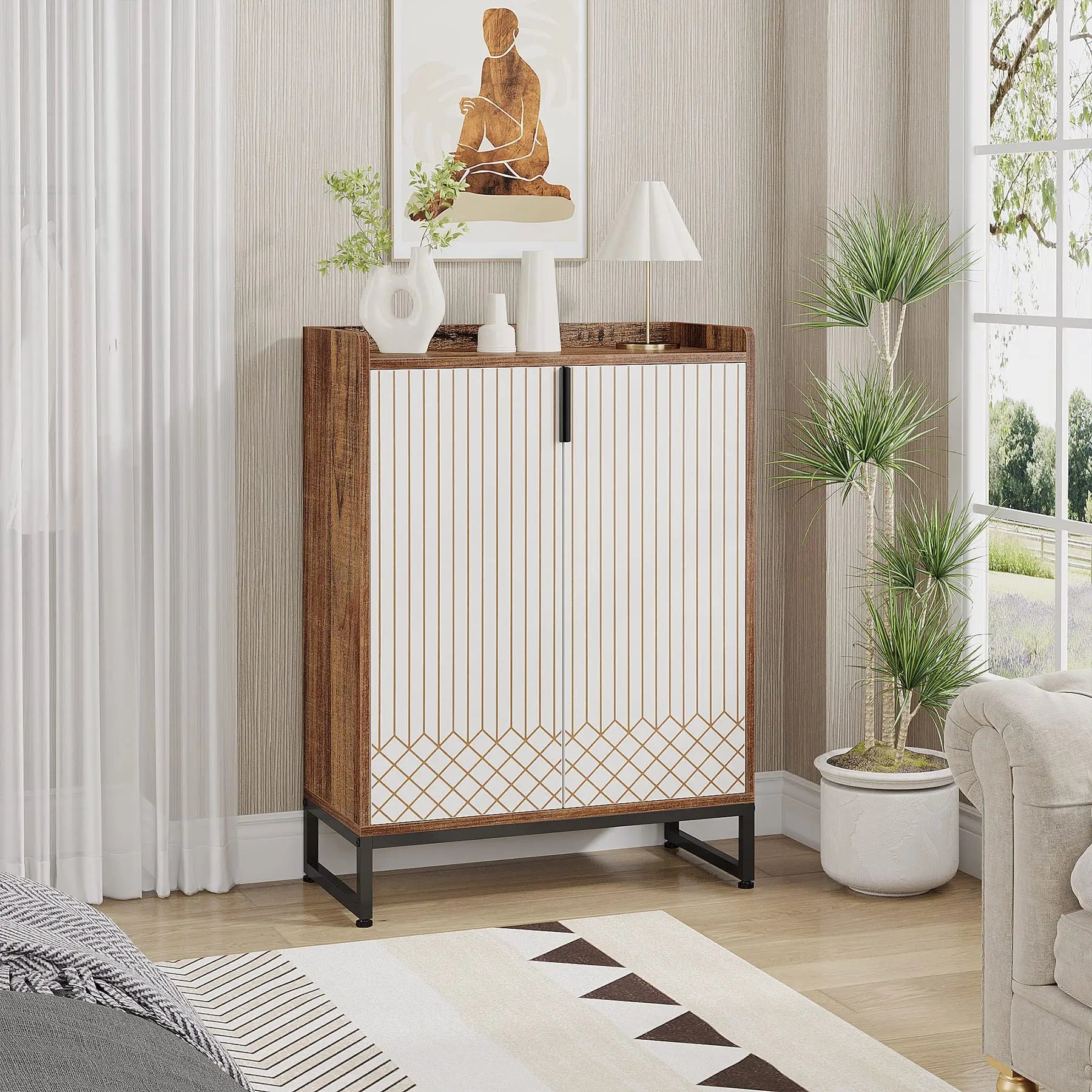Meuble de Rangement 2 Portes Rainuré avec Motif Géométrique