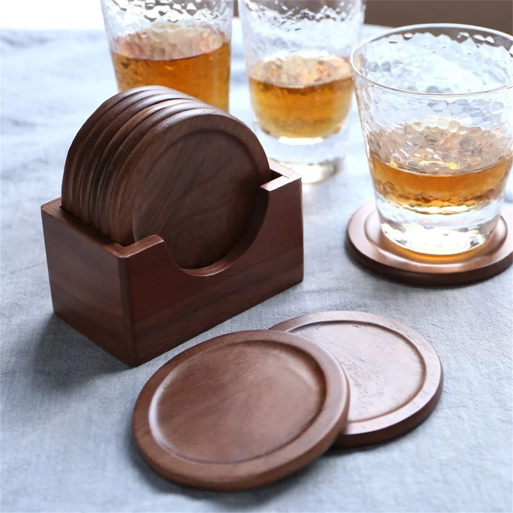 Lot de 6 sous-verres ronds en bois de noyer