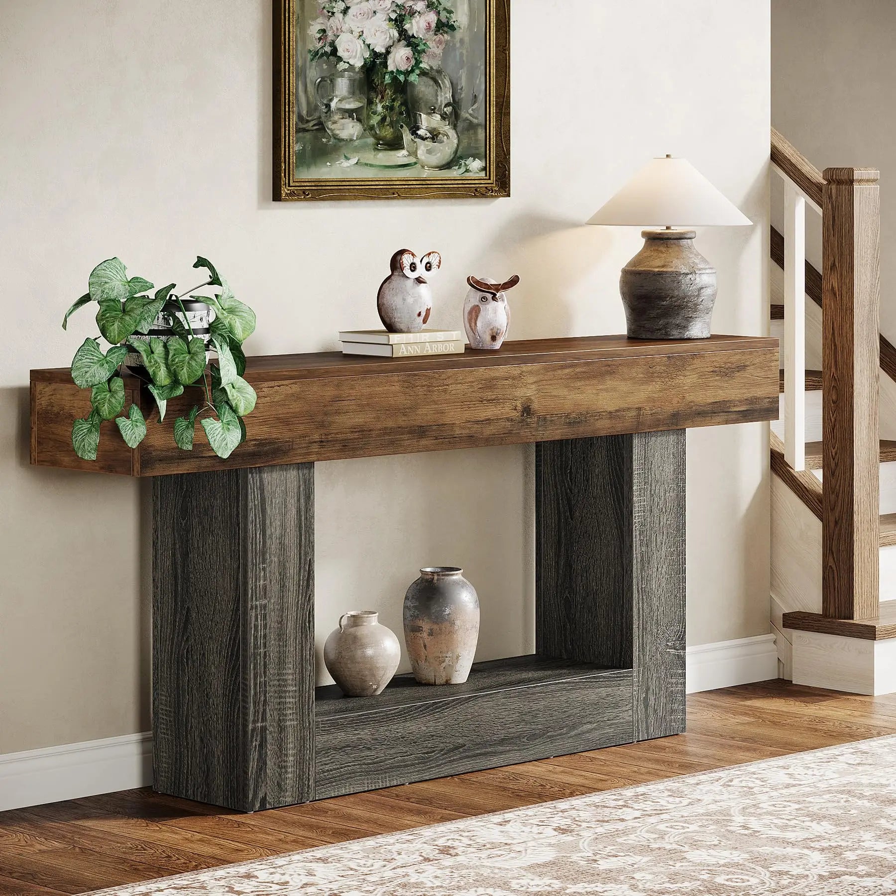 Console en Bois Bicolore avec Plateau Longiligne et Piètement Rectangulaire Architectural
