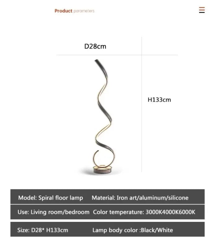 Modern Simple LED Floor Lamp Spiral Shape Aluminum Floor Lights for Living Room Bedside Sofa Corner Home Decor Standing Lamp Led