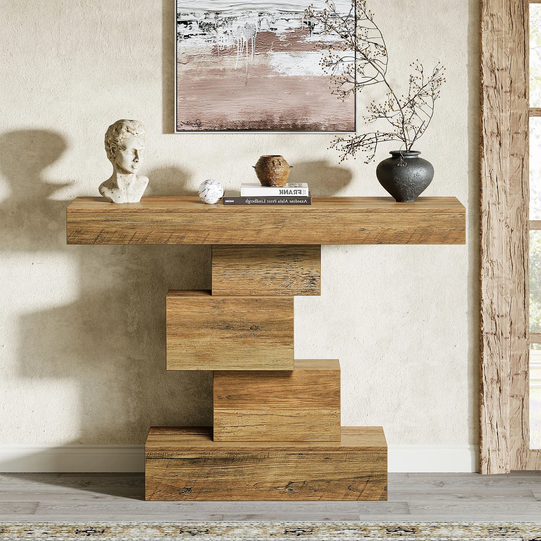 Console en Bois Naturel avec Piètement Central Asymétrique Sculptural