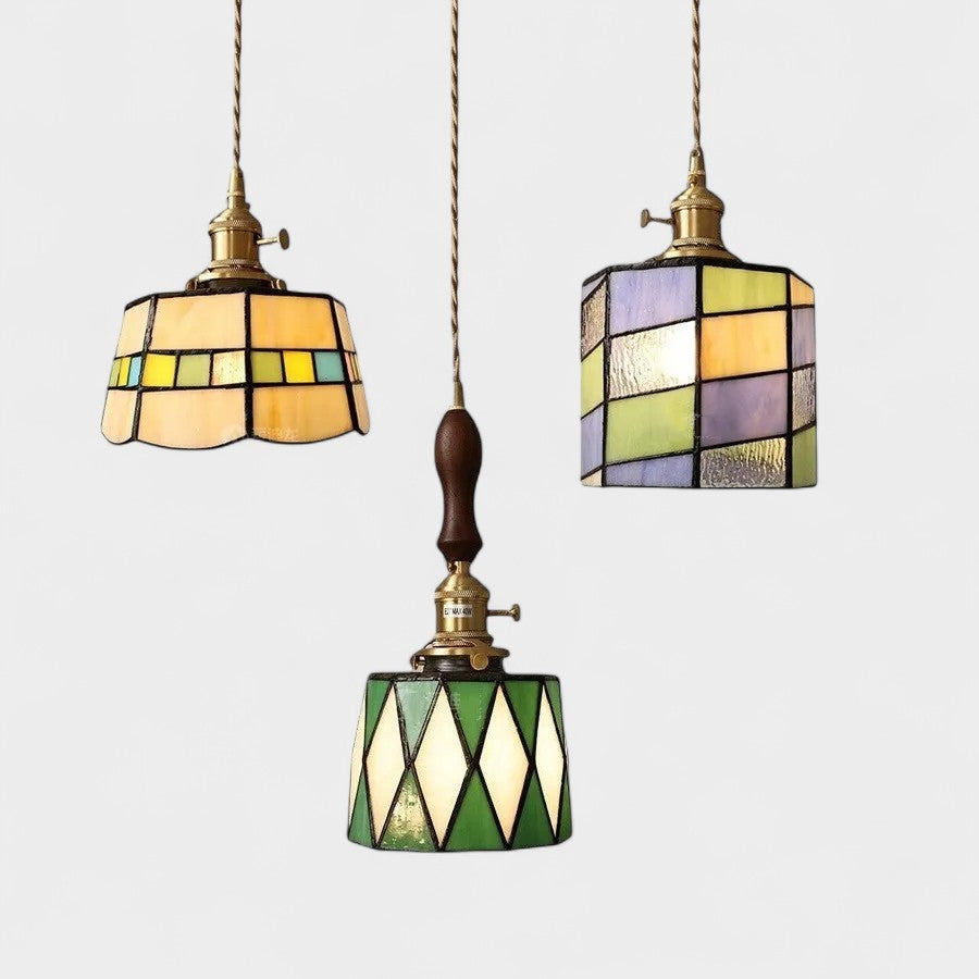 Suspension à 3 têtes en vitrail vintage