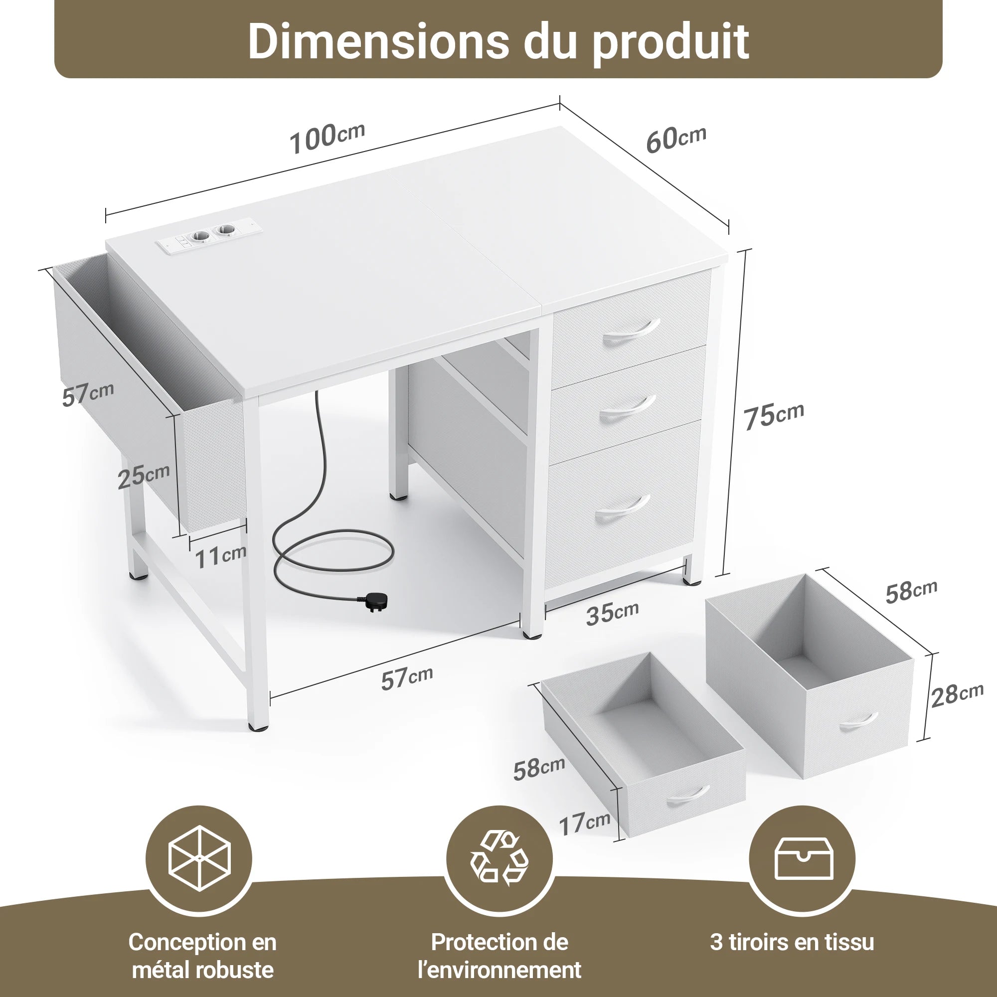 Bureau de Travail avec Rangement et Gestion des Câbles