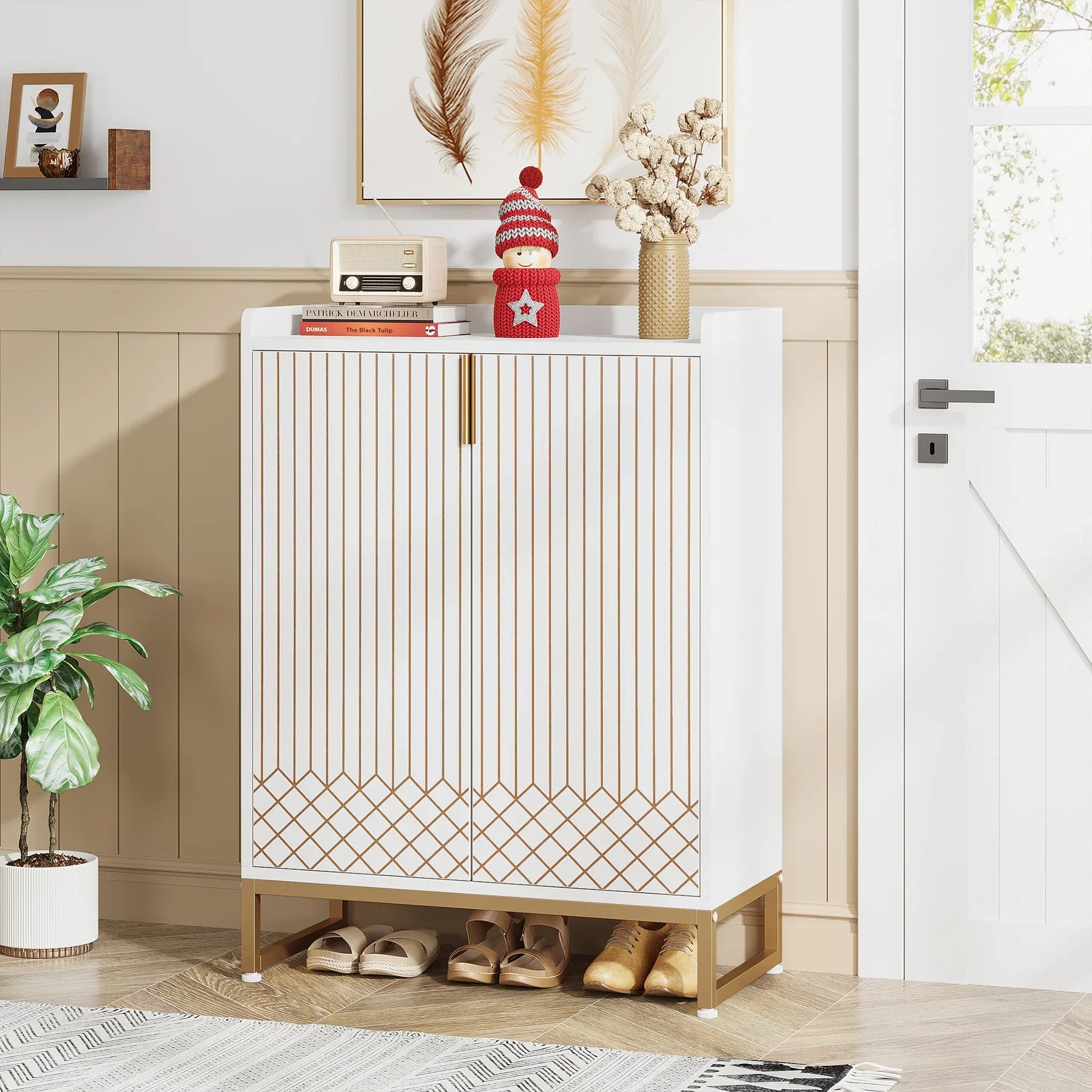 Meuble de Rangement 2 Portes Rainuré avec Motif Géométrique
