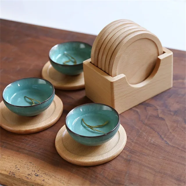 Lot de 6 sous-verres ronds en bois de noyer