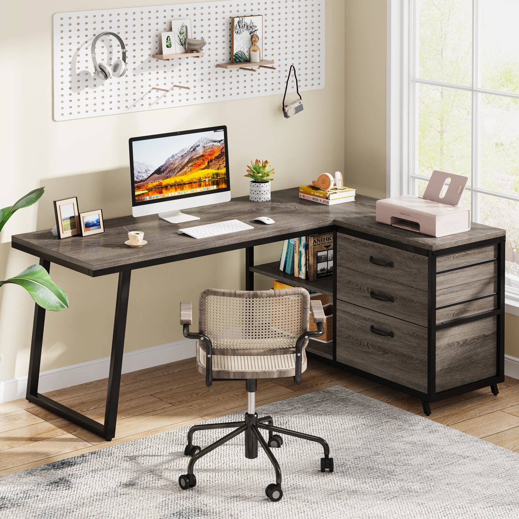 Bureau d’Angle Industriel en Bois Gris avec 3 Tiroirs et Étagères Ouvertes