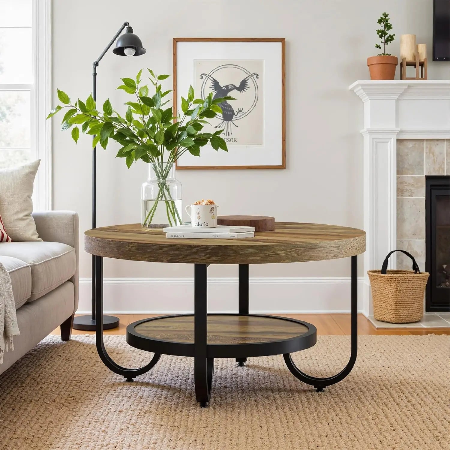 Table Basse Ronde en Bois et Métal Noir avec Double Plateau