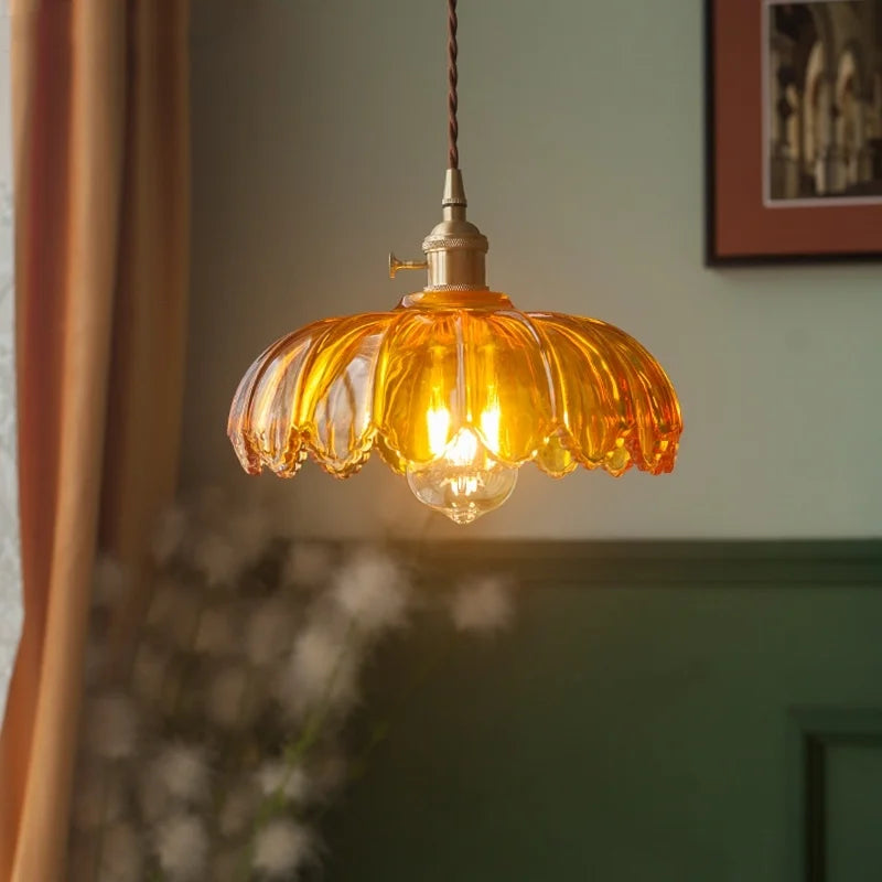 Suspension vintage en verre transparent en forme de fleur de lotus