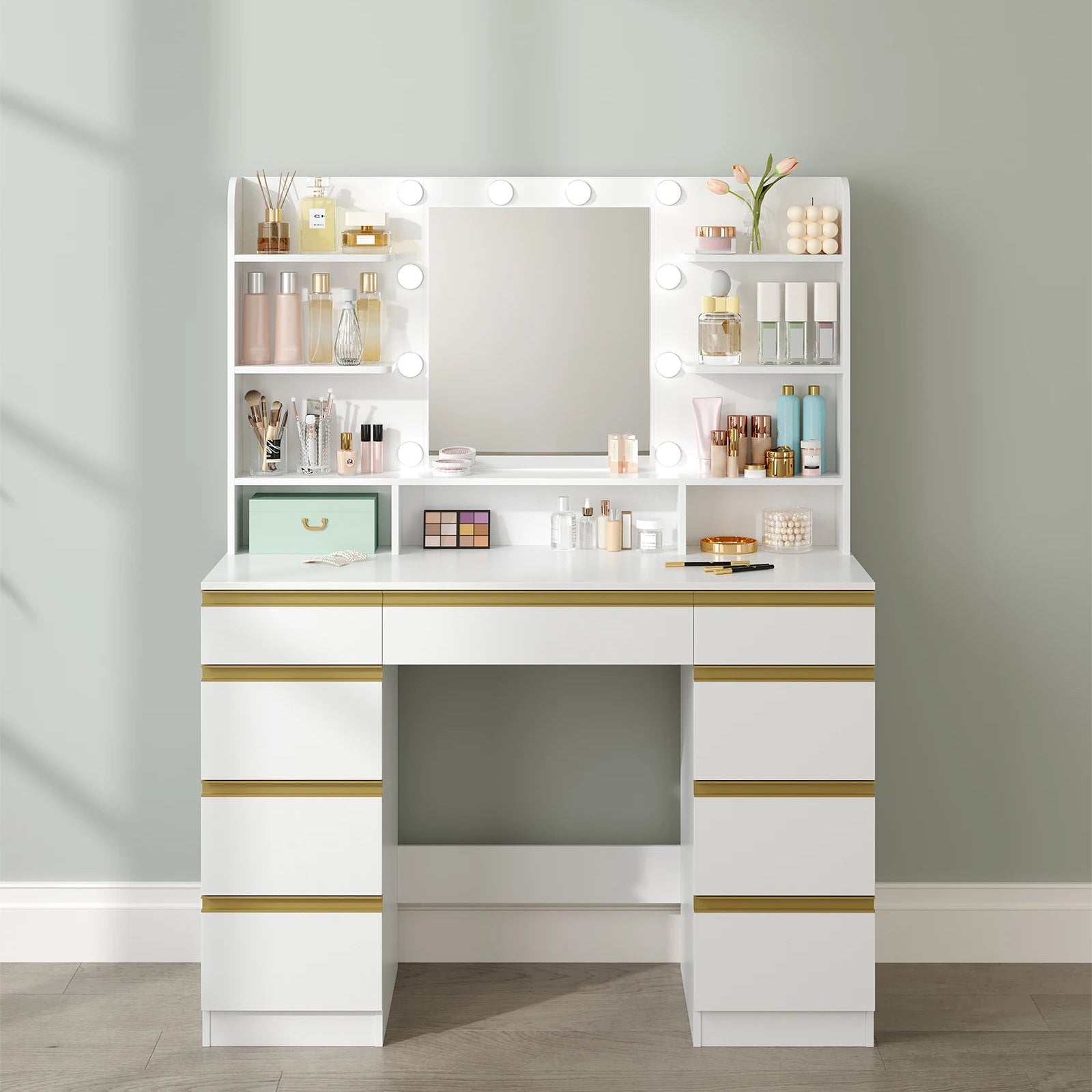 Coiffeuse LED 10 miroir avec tiroirs