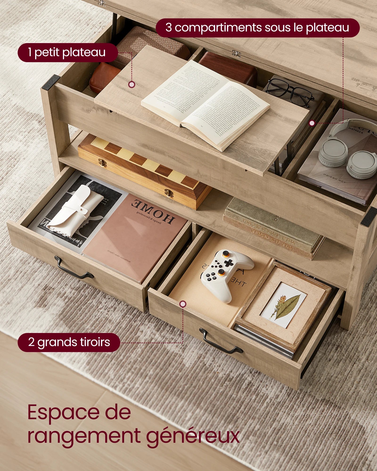 Table Basse Relevable avec Tiroirs