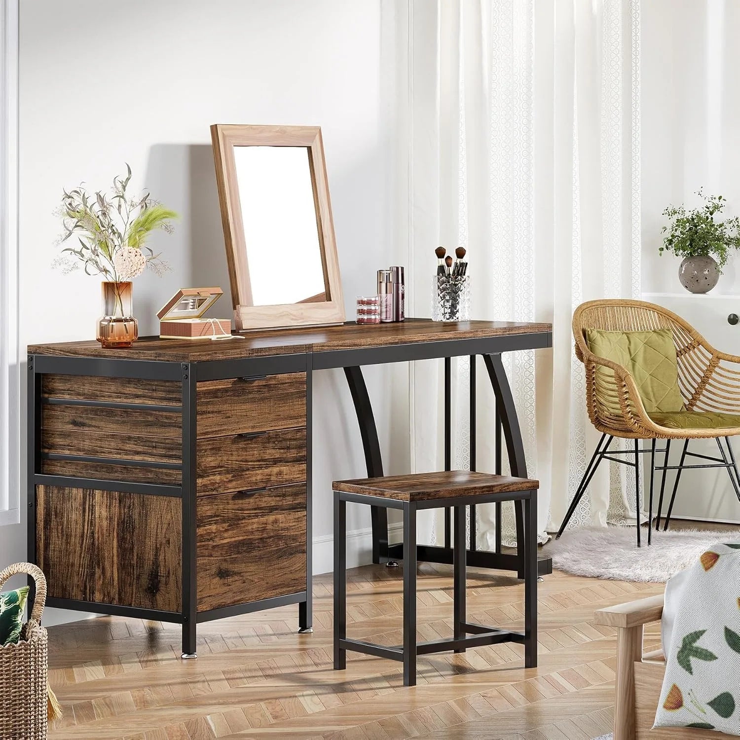 Coiffeuse 3 tiroirs marron rustique