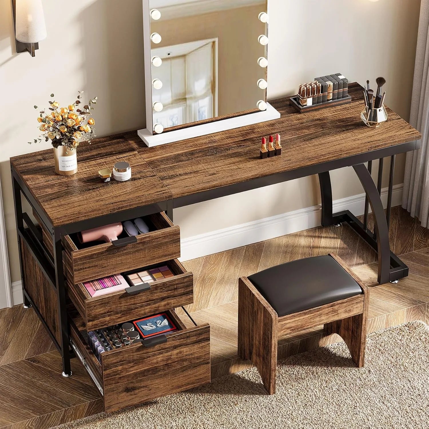 Coiffeuse 3 tiroirs marron rustique