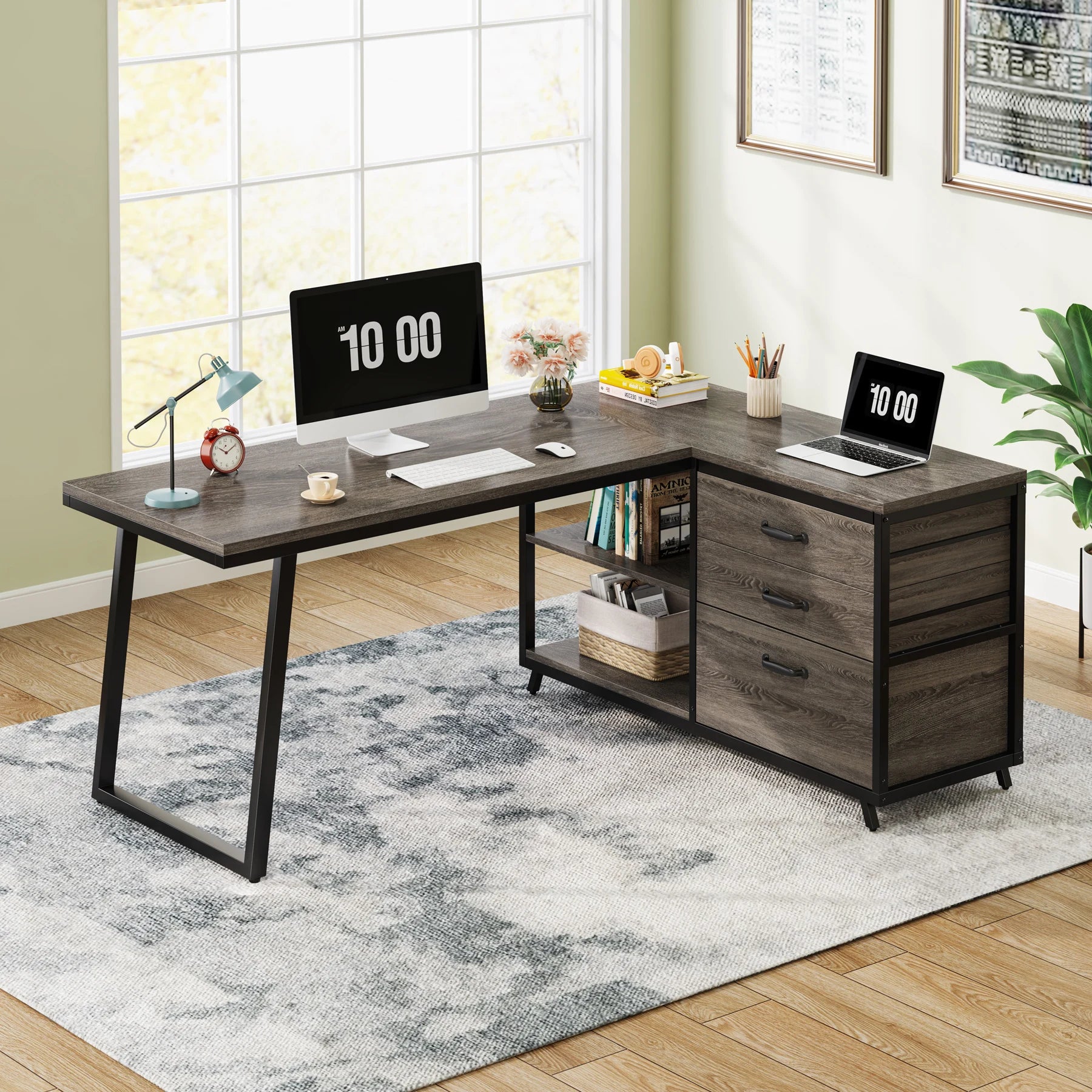 Bureau d’Angle Industriel en Bois Gris avec 3 Tiroirs et Étagères Ouvertes