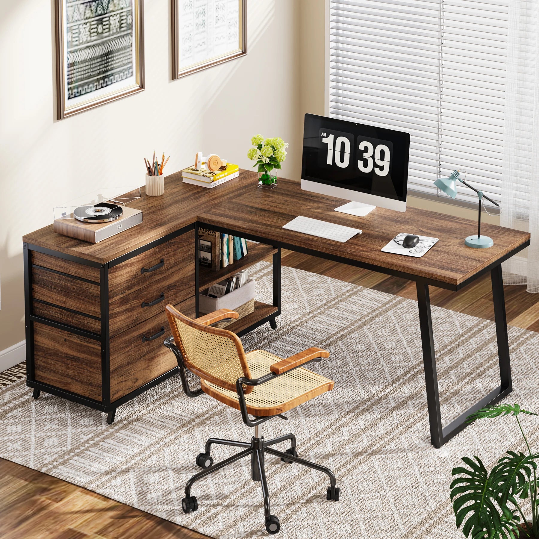 Bureau d’Angle Industriel en Bois Gris avec 3 Tiroirs et Étagères Ouvertes