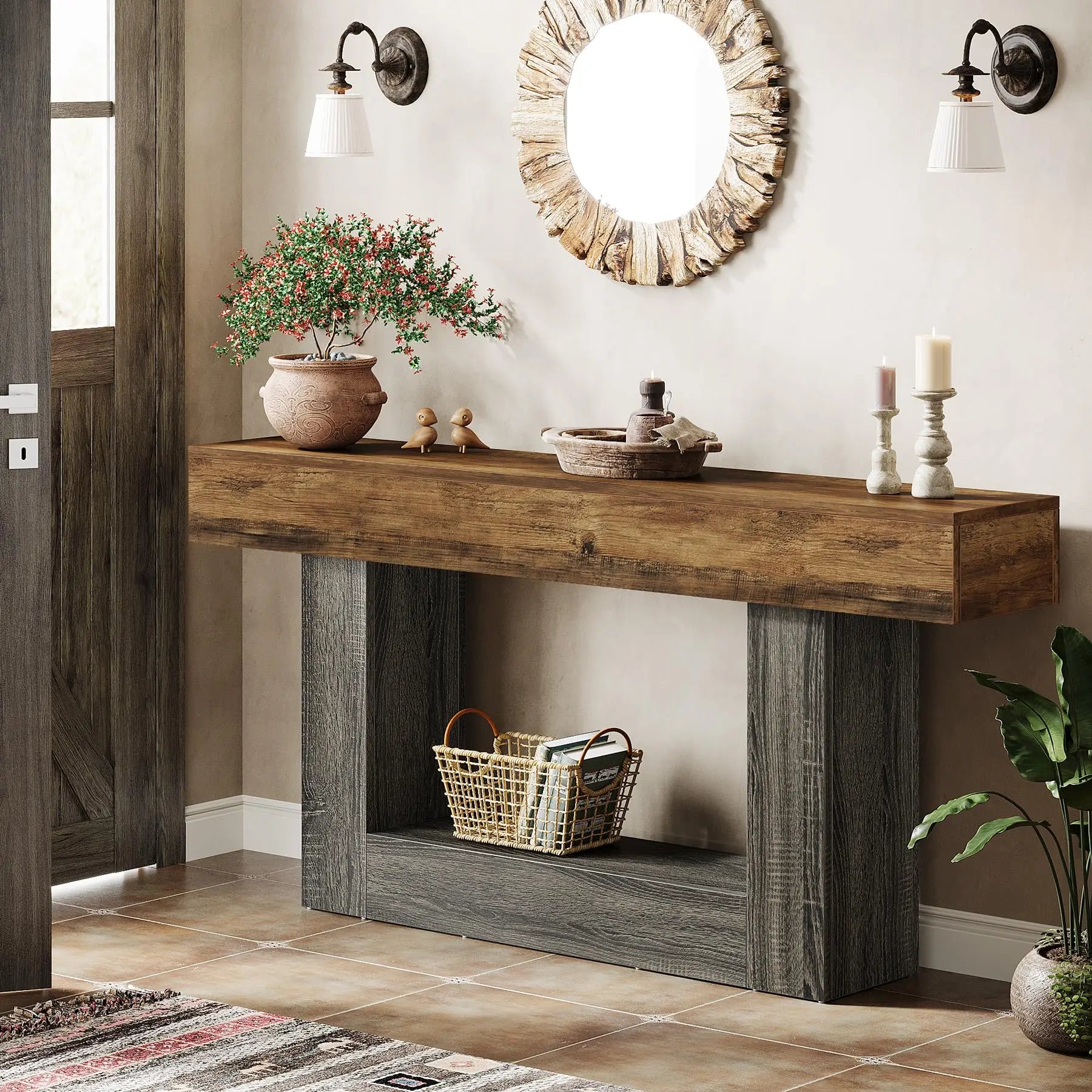 Console en Bois Bicolore avec Plateau Longiligne et Piètement Rectangulaire Architectural