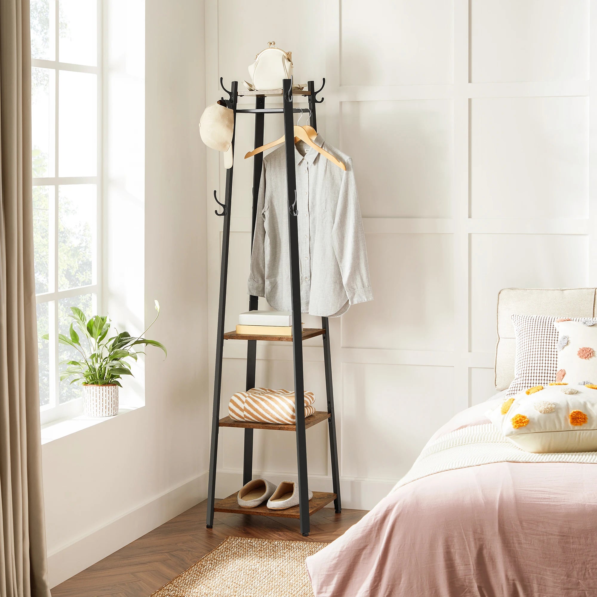 Porte-Manteau avec Étagères en Bois et Métal