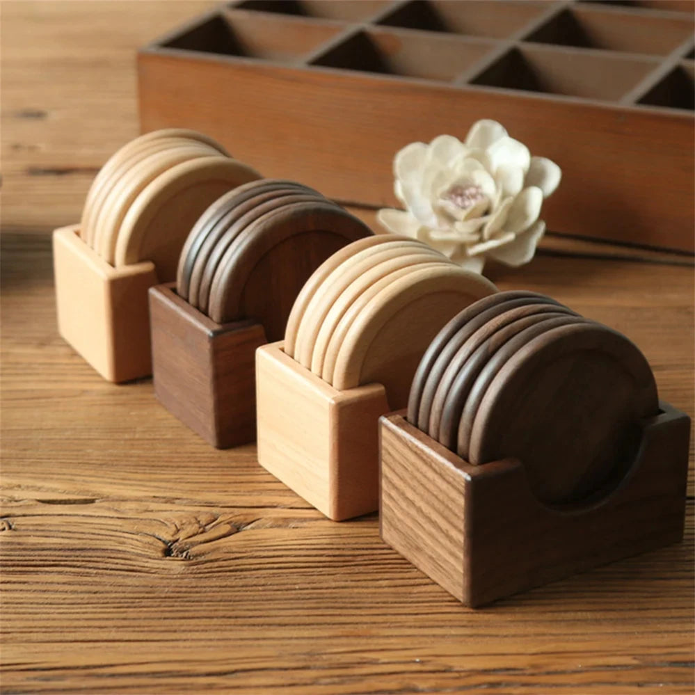 Lot de 6 sous-verres ronds en bois de noyer