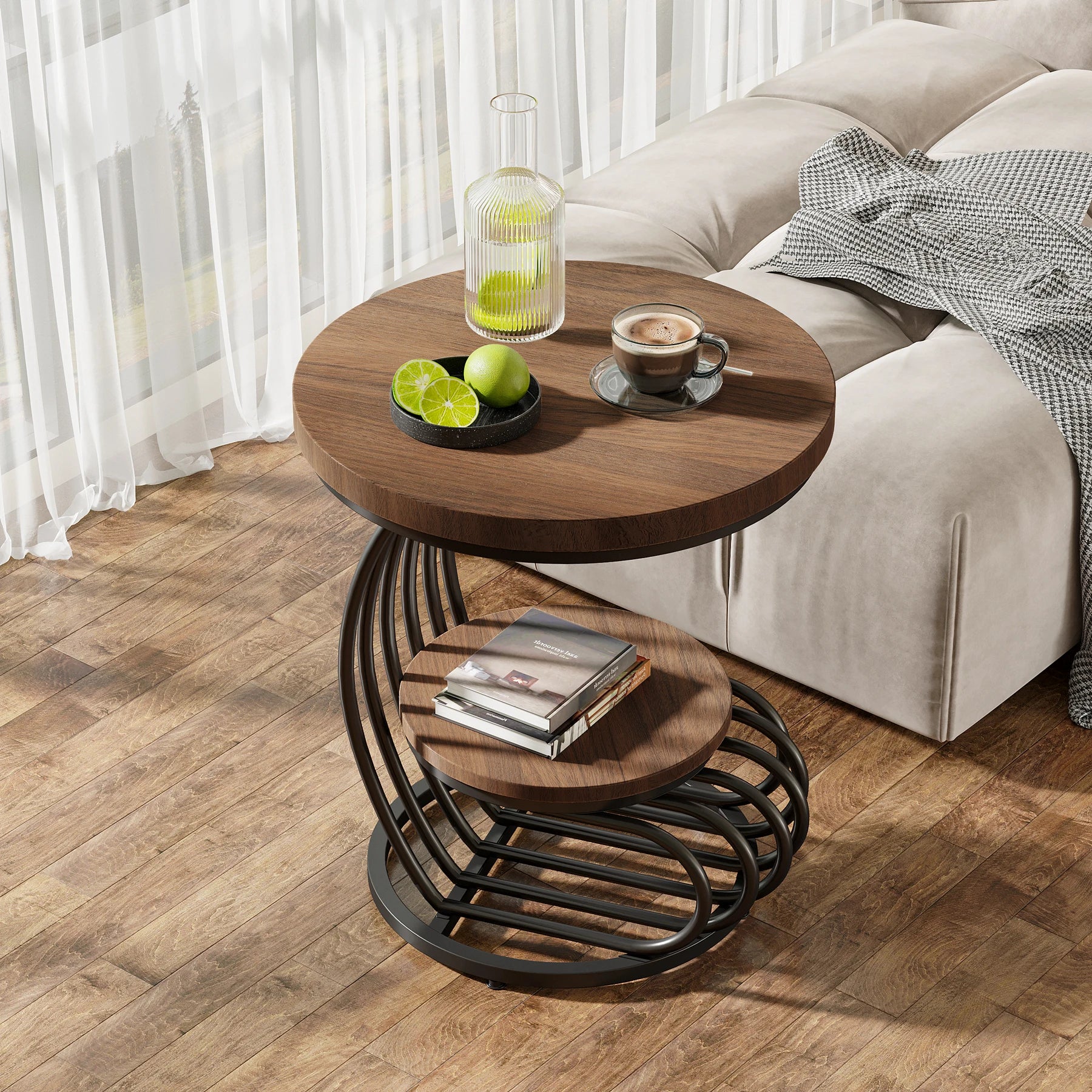 Table d’Appoint Ronde Design à Double Plateau en Bois et Métal