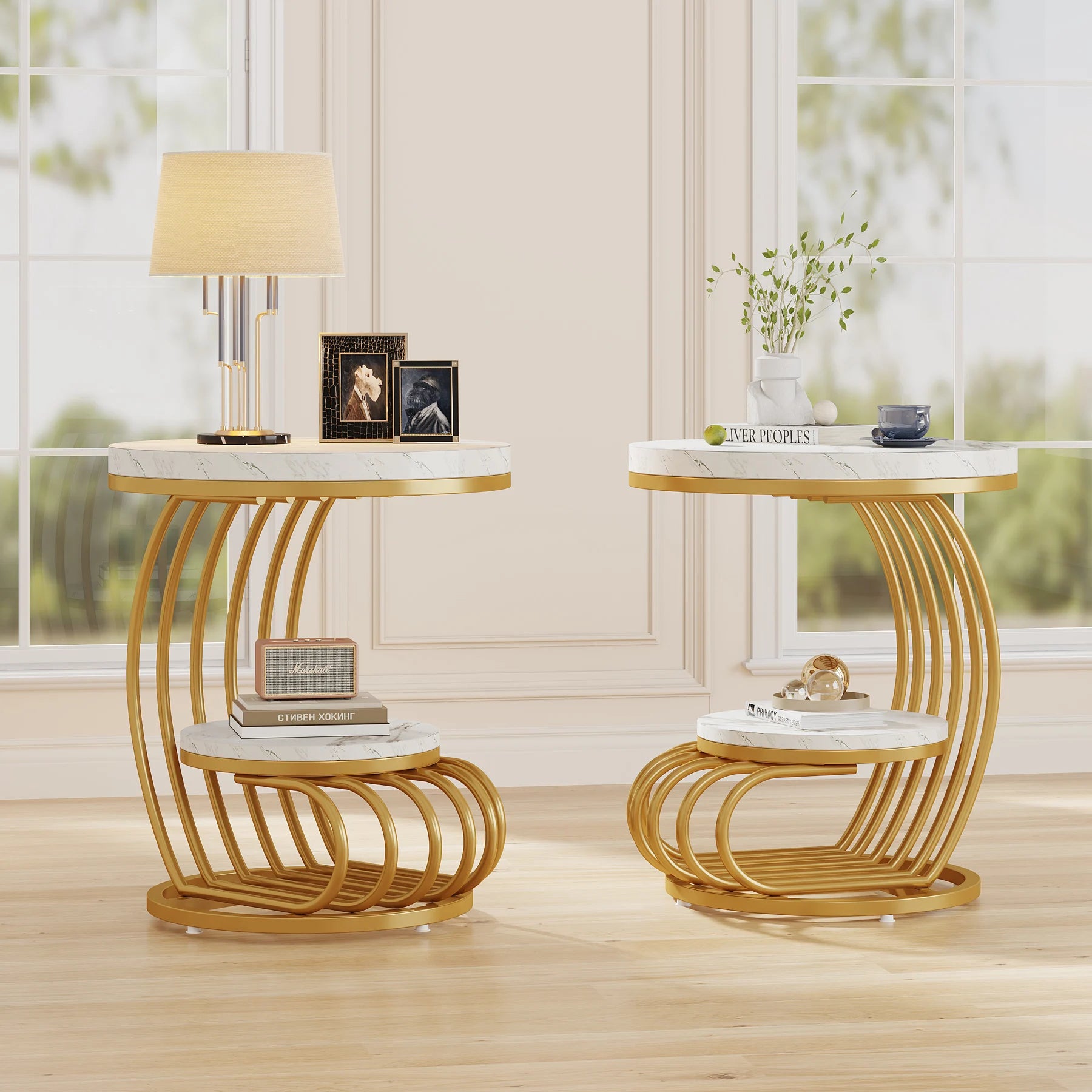 Table d’Appoint Ronde Design à Double Plateau en Bois et Métal