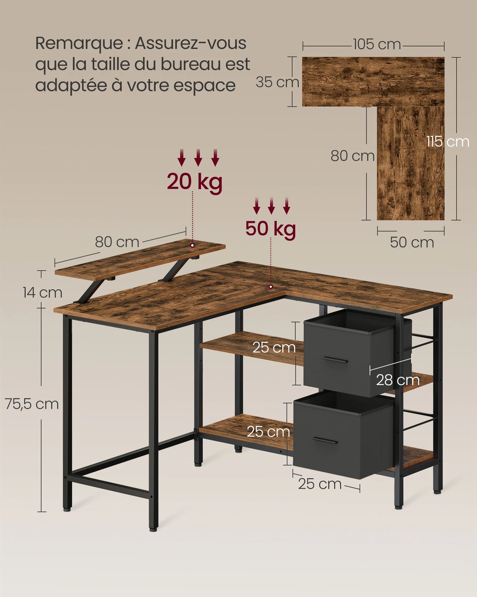 Bureau d’Angle Industriel avec Tiroirs