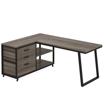 Bureau d’Angle Industriel en Bois Gris avec 3 Tiroirs et Étagères Ouvertes