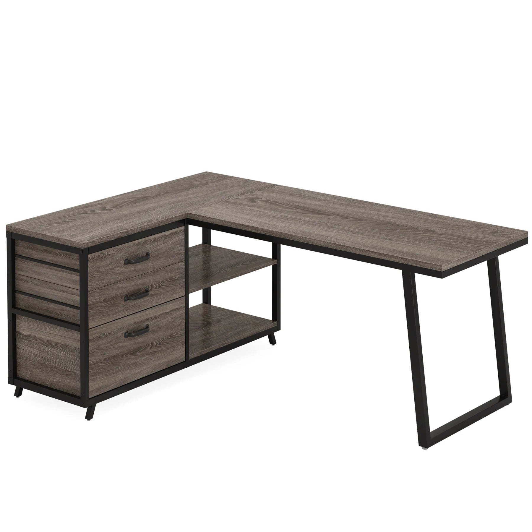 Bureau d’Angle Industriel en Bois Gris avec 3 Tiroirs et Étagères Ouvertes