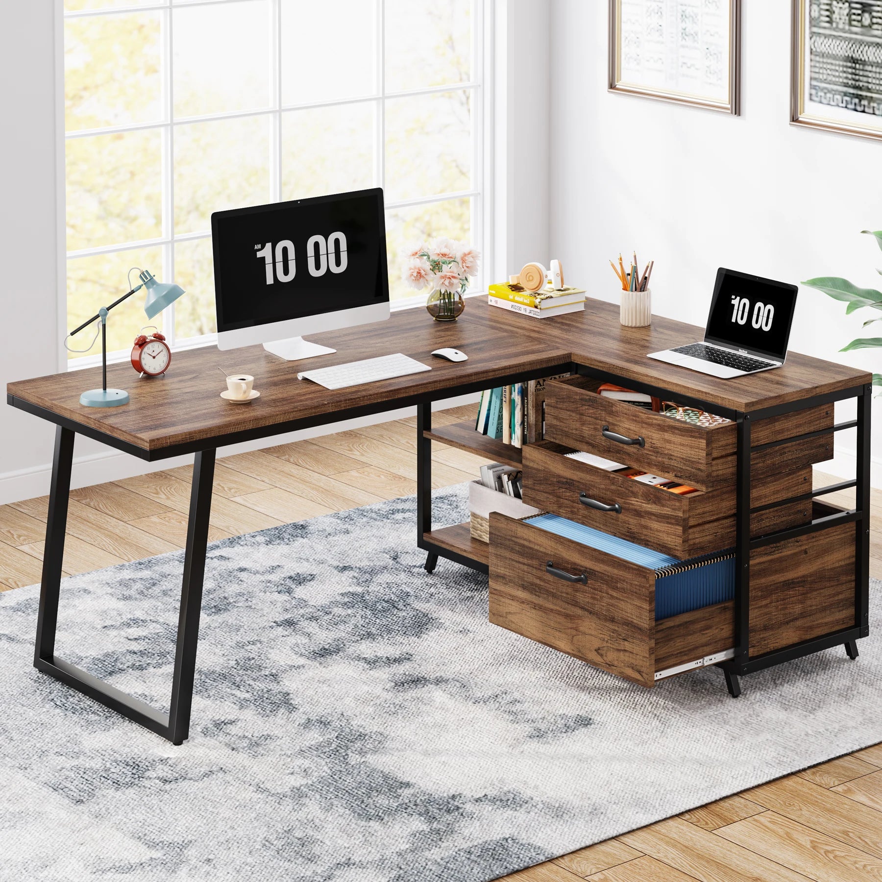 Bureau d’Angle Industriel en Bois Gris avec 3 Tiroirs et Étagères Ouvertes