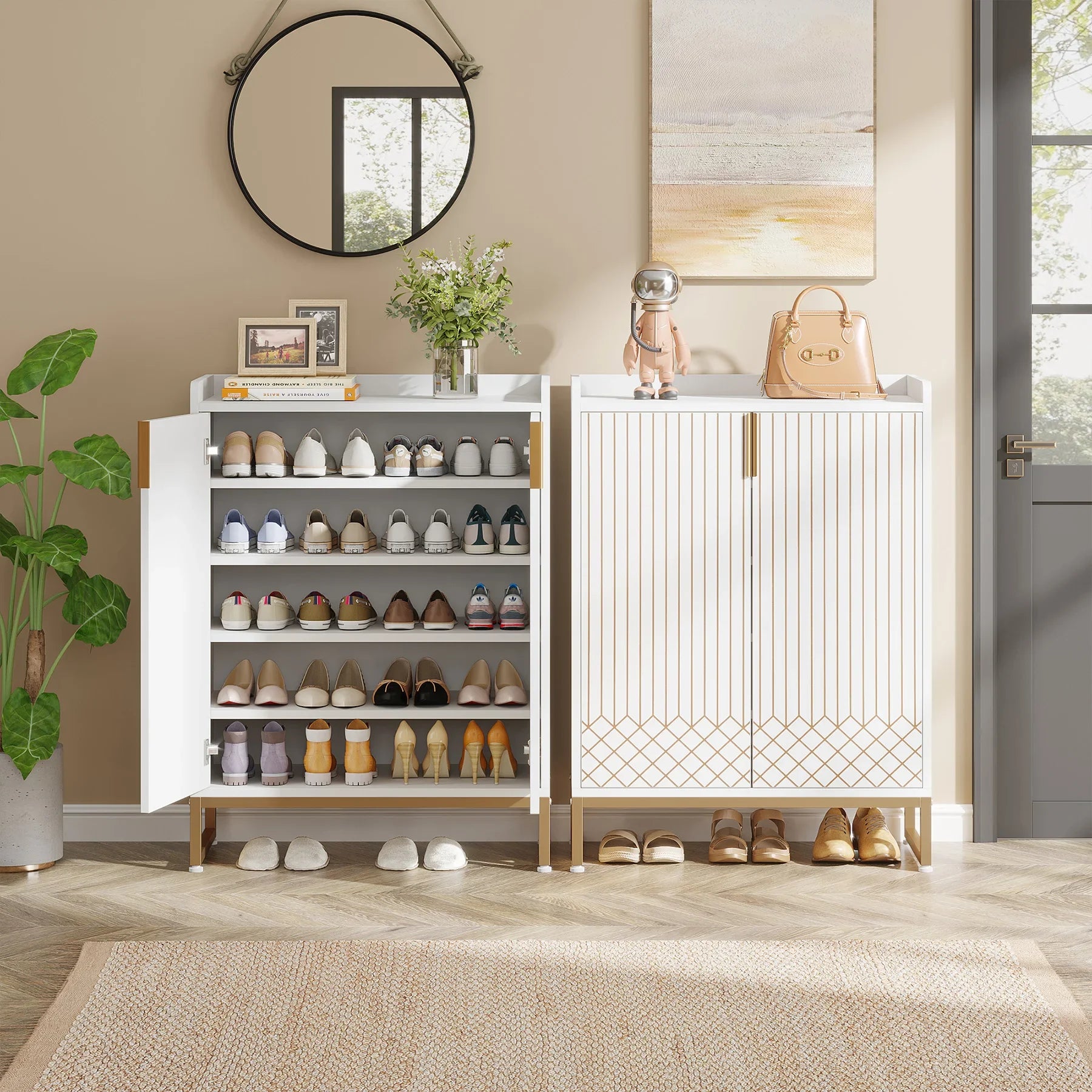 Meuble de Rangement 2 Portes Rainuré avec Motif Géométrique