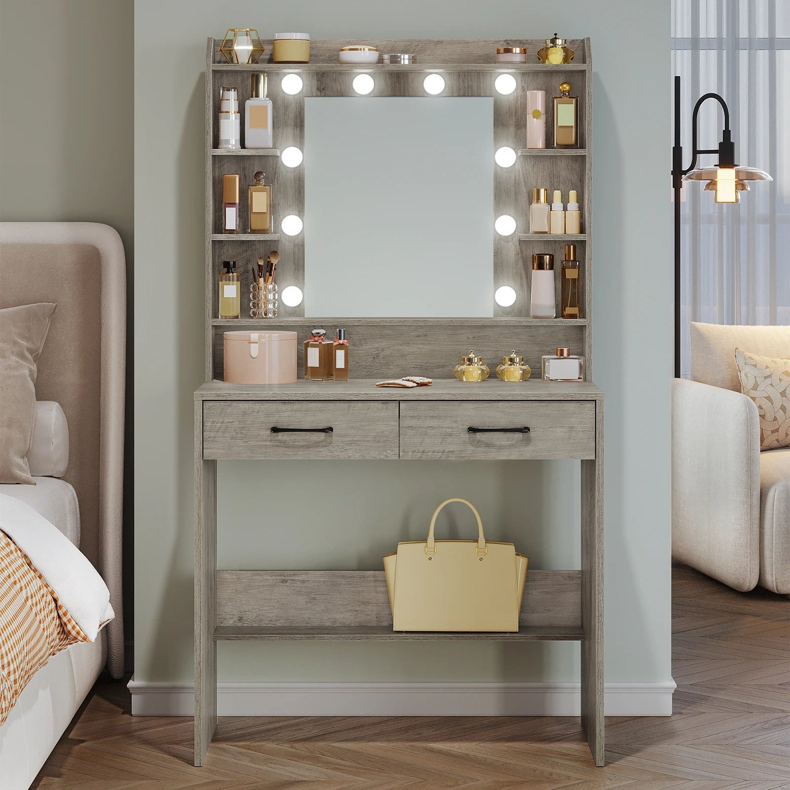 Coiffeuse avec miroir, étagères et tiroirs