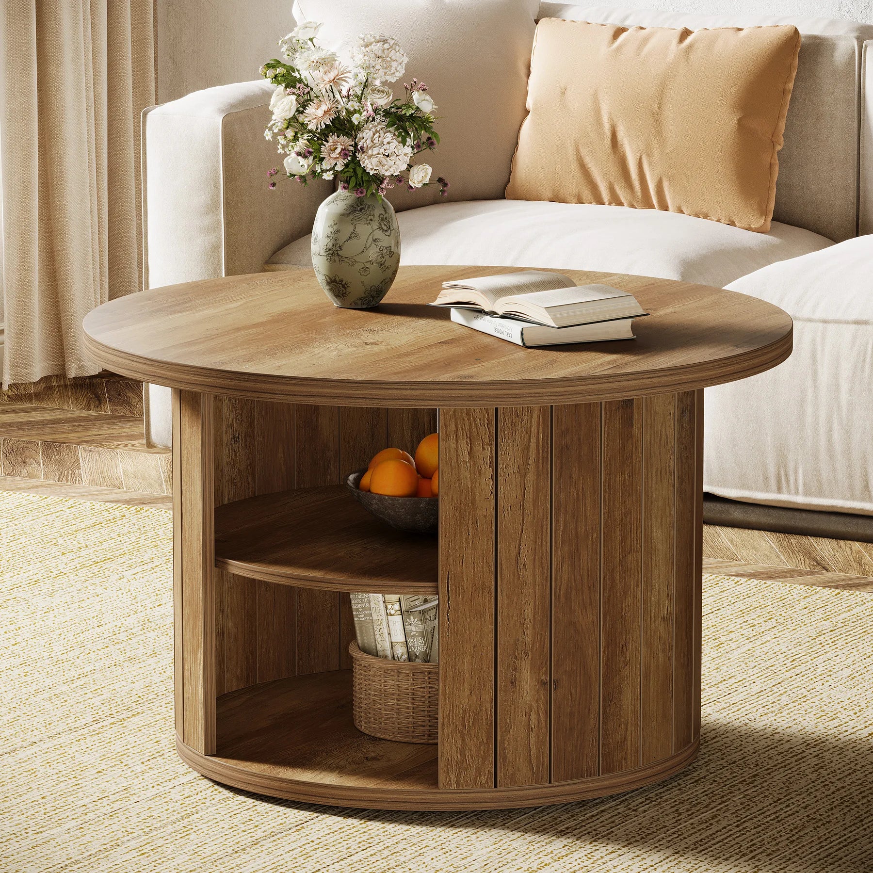 Table Basse Ronde en Bois avec Rangements Intégrés