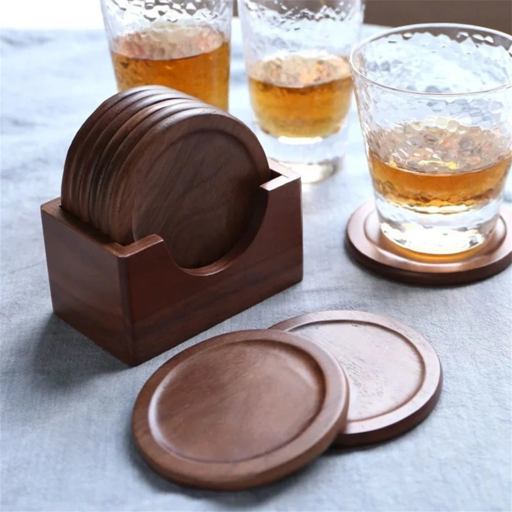 Lot de 6 sous-verres ronds en bois de noyer