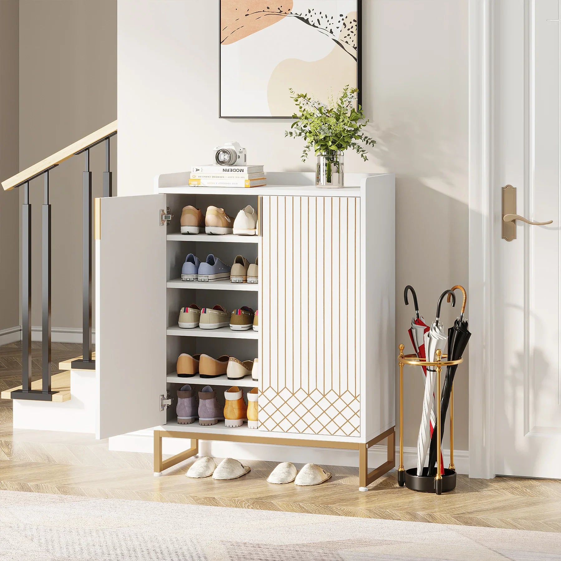 Meuble de Rangement 2 Portes Rainuré avec Motif Géométrique