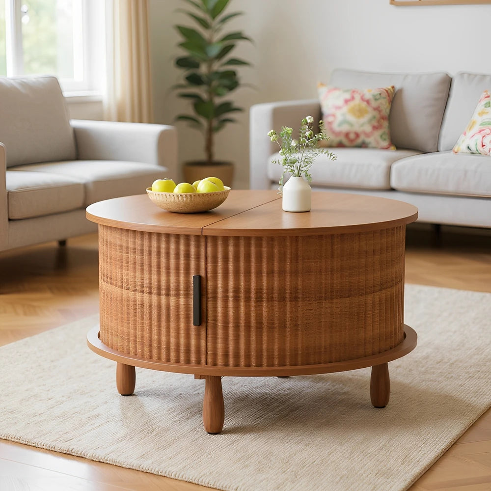 Table Basse Ronde en Bois Naturel et Rotin