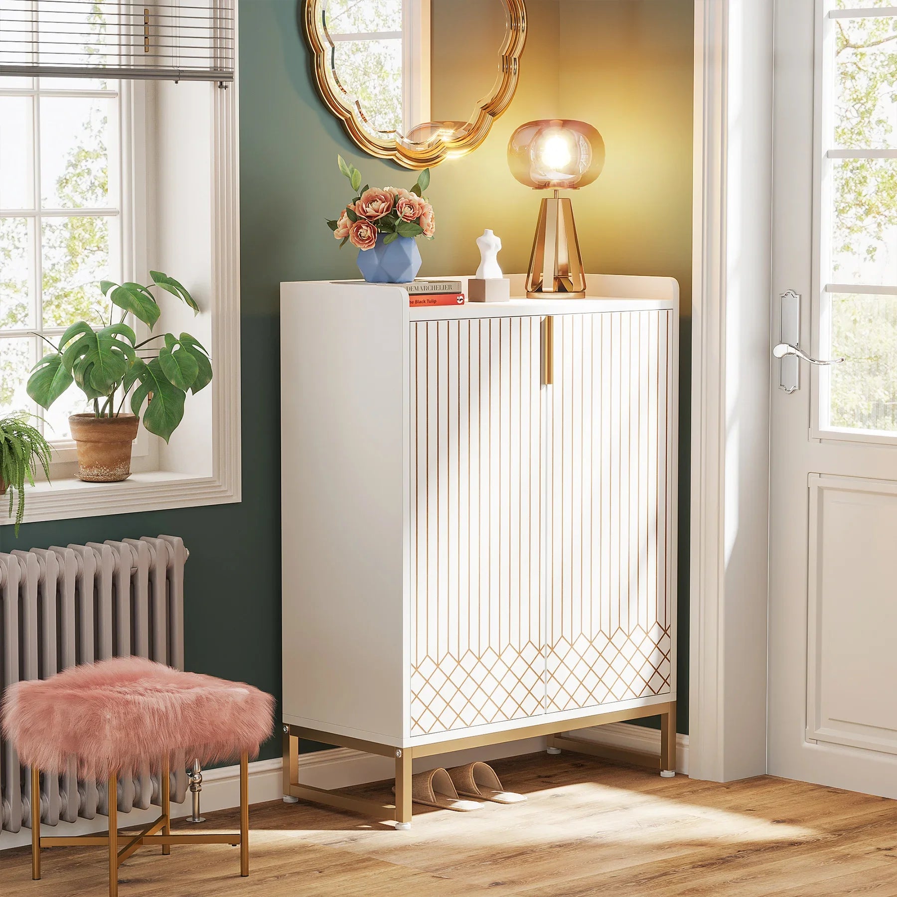 Meuble de Rangement 2 Portes Rainuré avec Motif Géométrique