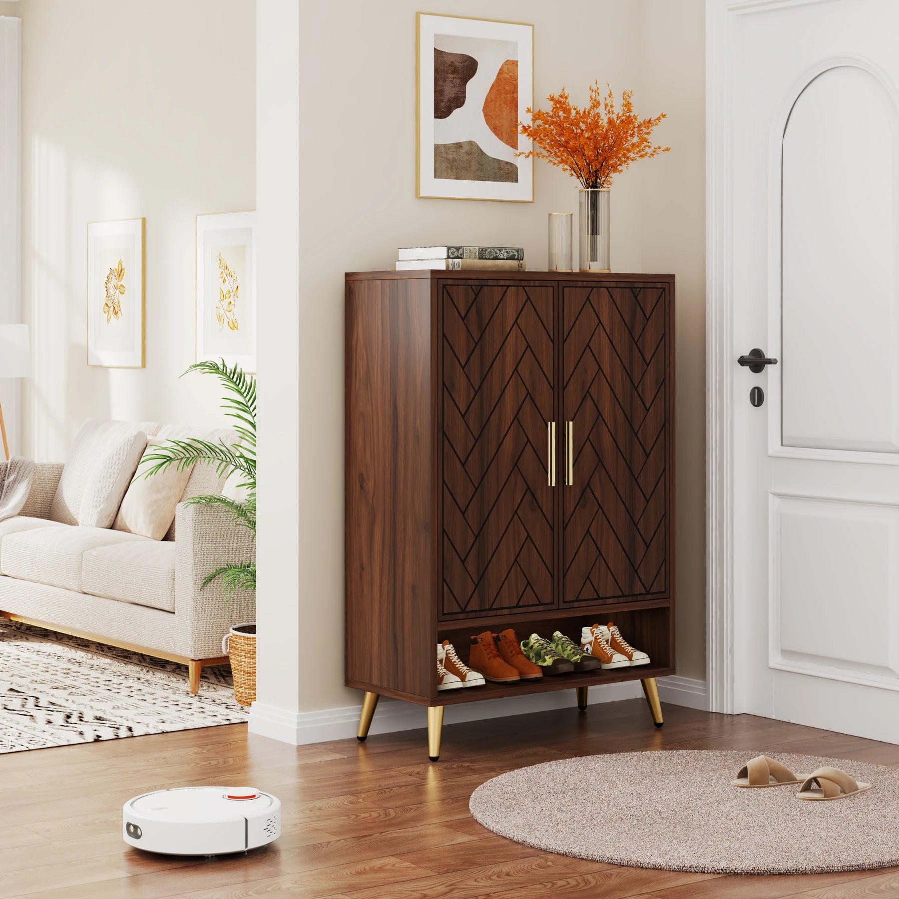 Meuble de Rangement en Bois Foncé à 2 Portes Chevron avec Niche Ouverte et Pieds Dorés