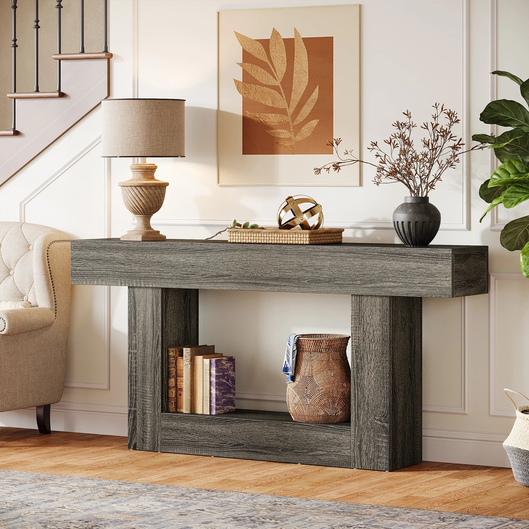 Console en Bois Bicolore avec Plateau Longiligne et Piètement Rectangulaire Architectural