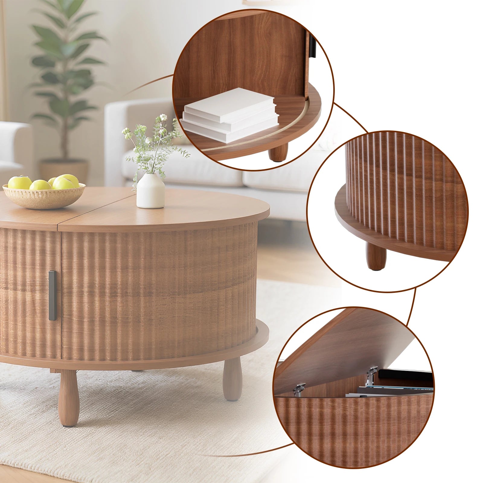 Table Basse Ronde en Bois Naturel et Rotin