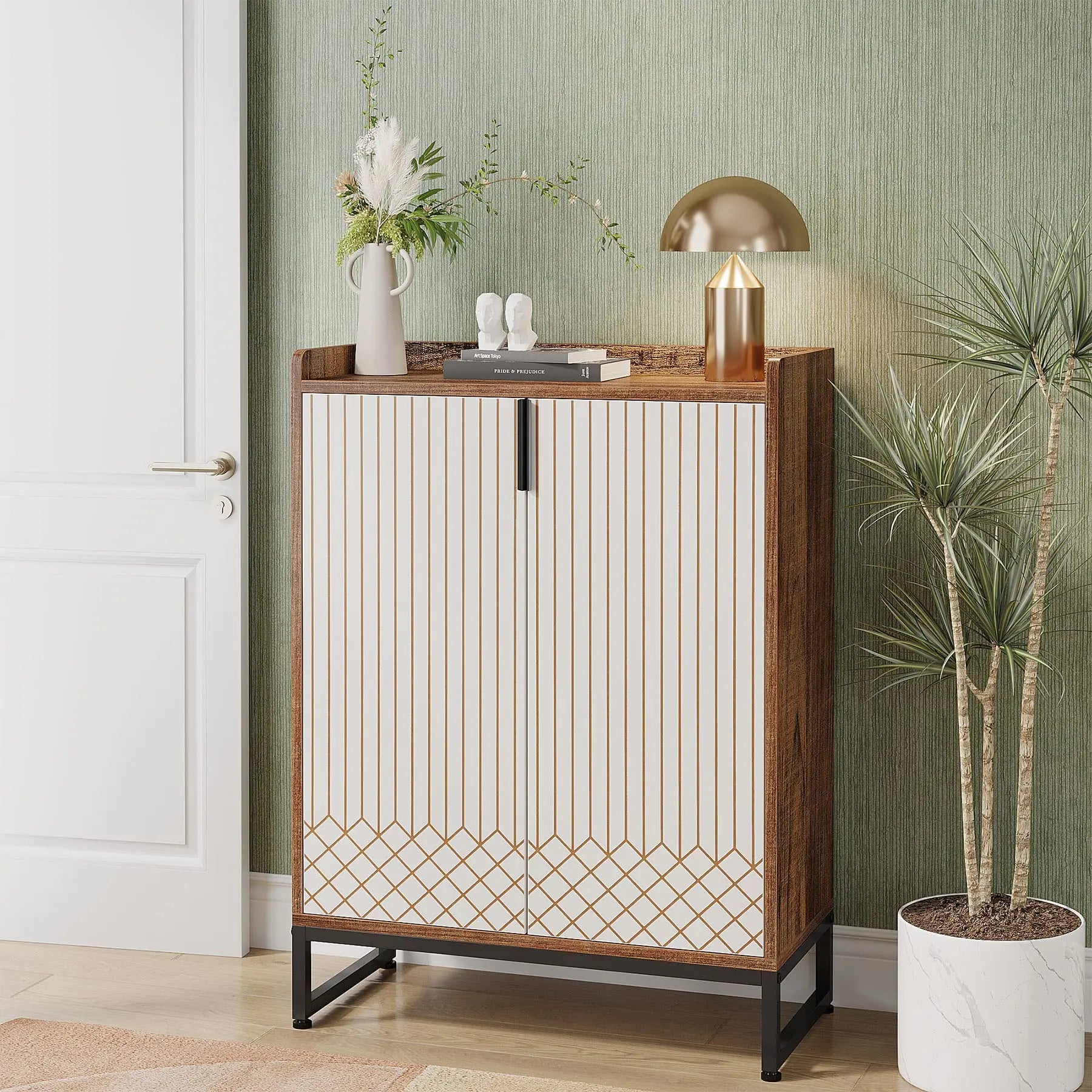 Meuble de Rangement 2 Portes Rainuré avec Motif Géométrique
