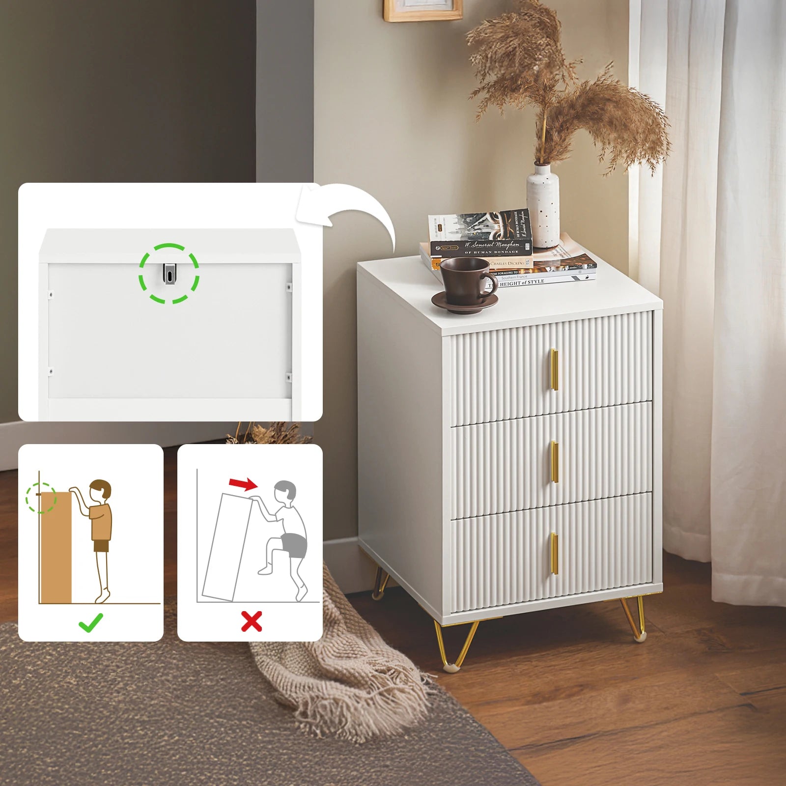 Table de Chevet Rainurée 3 Tiroirs