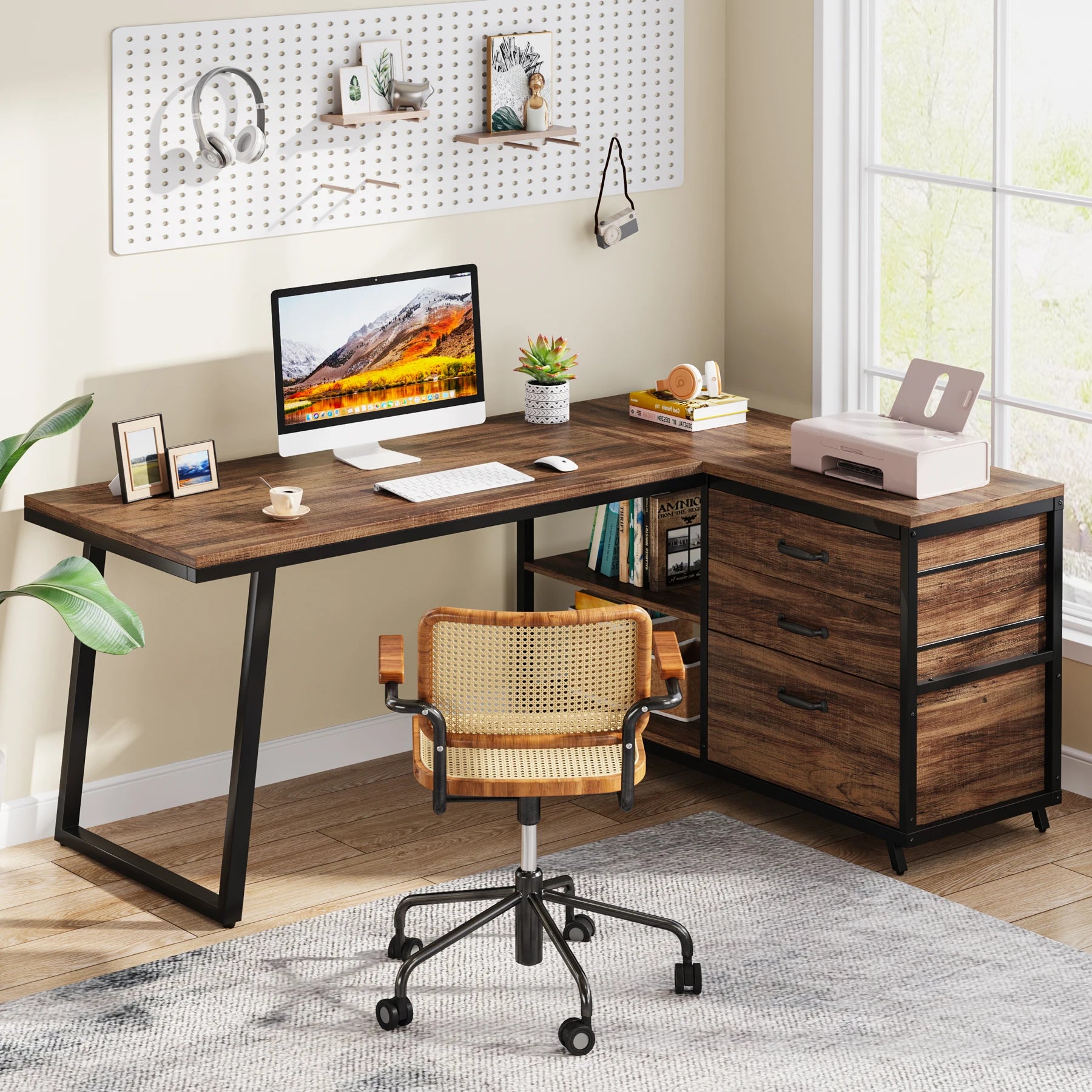 Bureau d’Angle Industriel en Bois Gris avec 3 Tiroirs et Étagères Ouvertes
