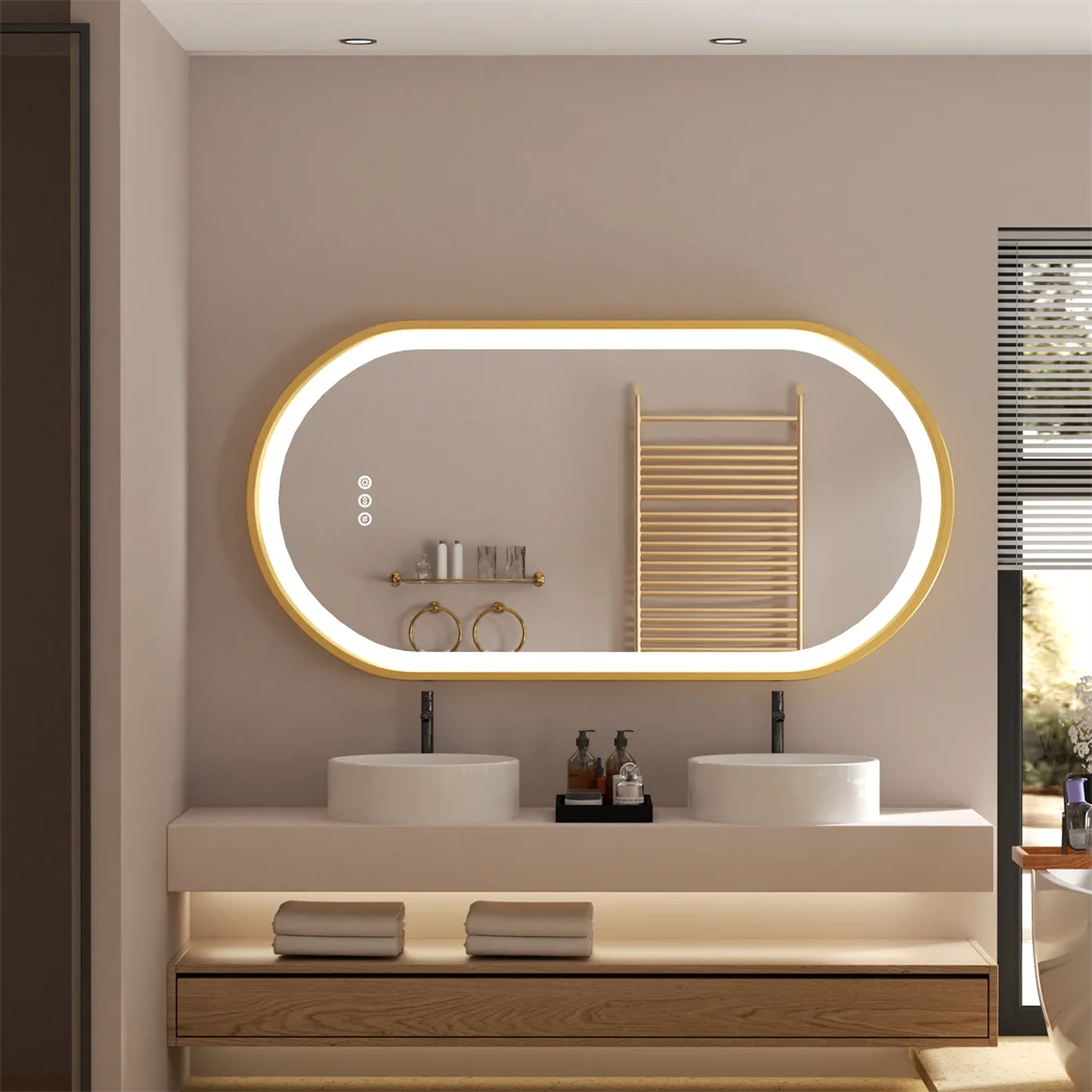 Miroir de Salle de Bain LED Oval – Cadre Doré avec Désembuage