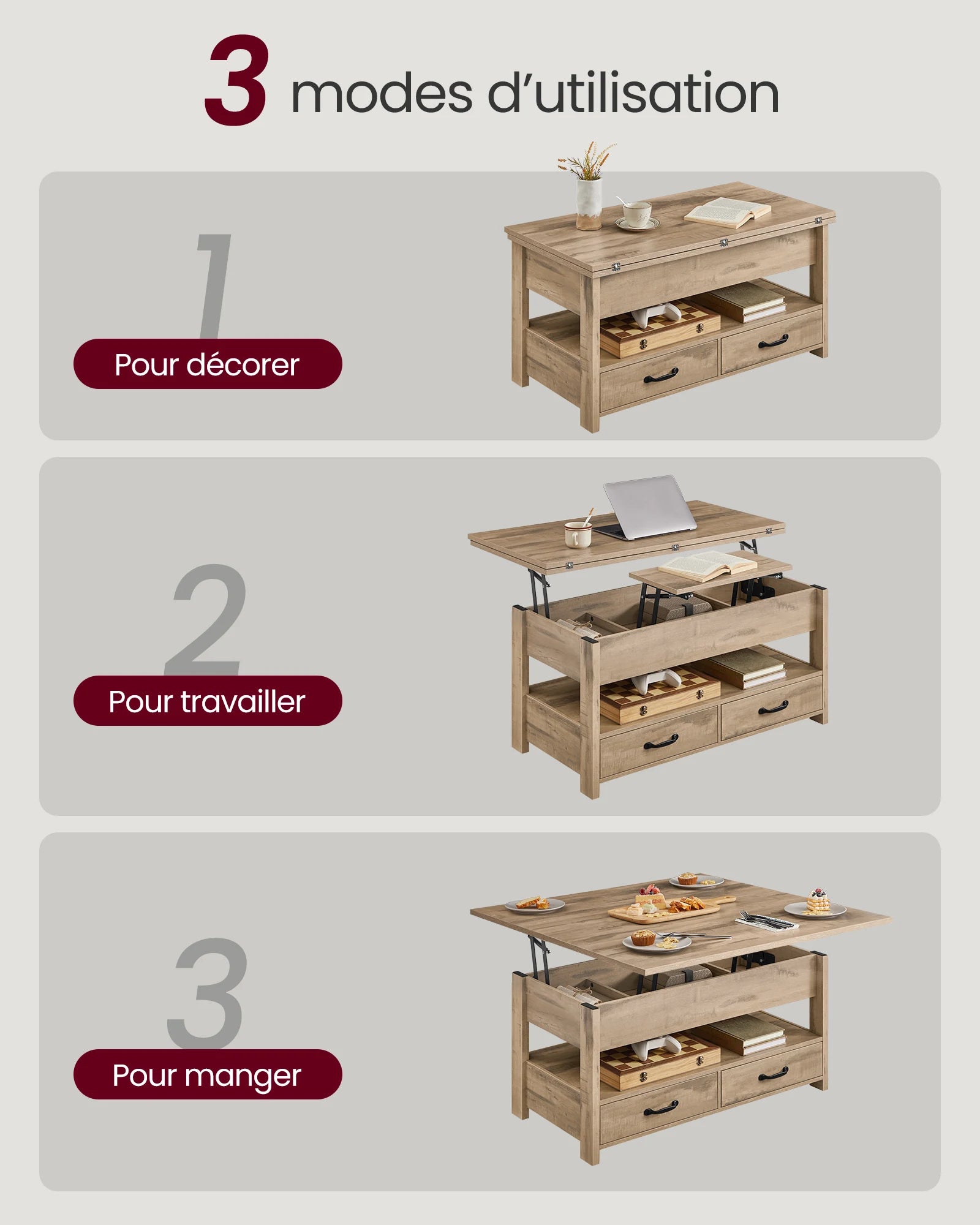 Table Basse Relevable avec Tiroirs