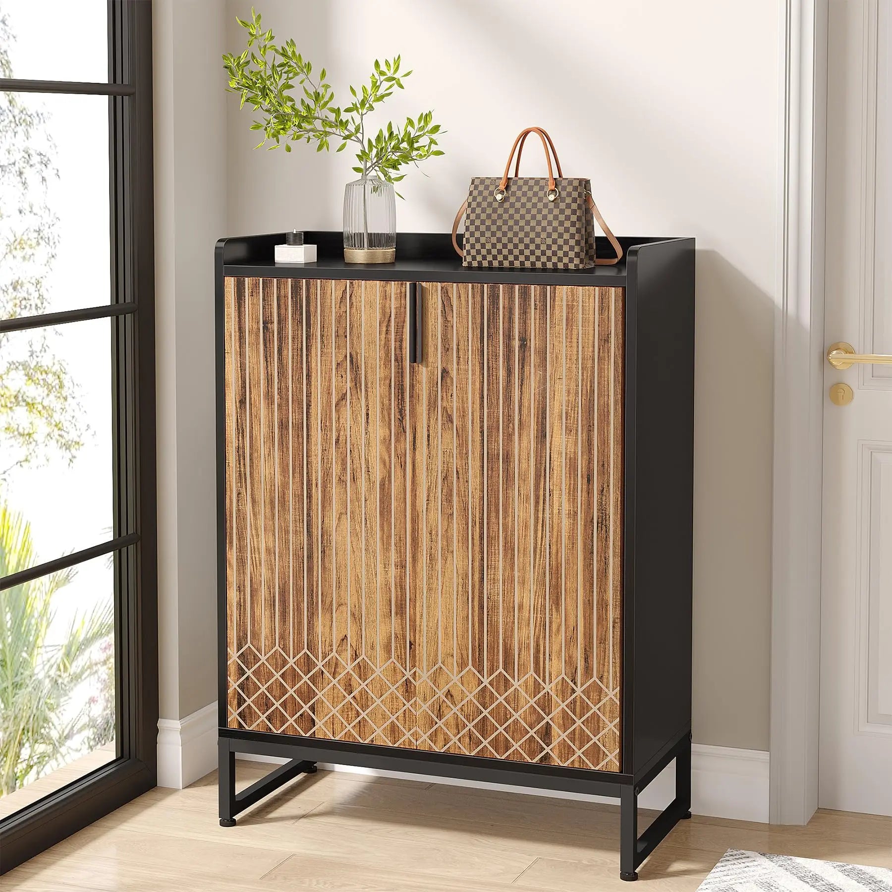 Meuble de Rangement 2 Portes Rainuré avec Motif Géométrique