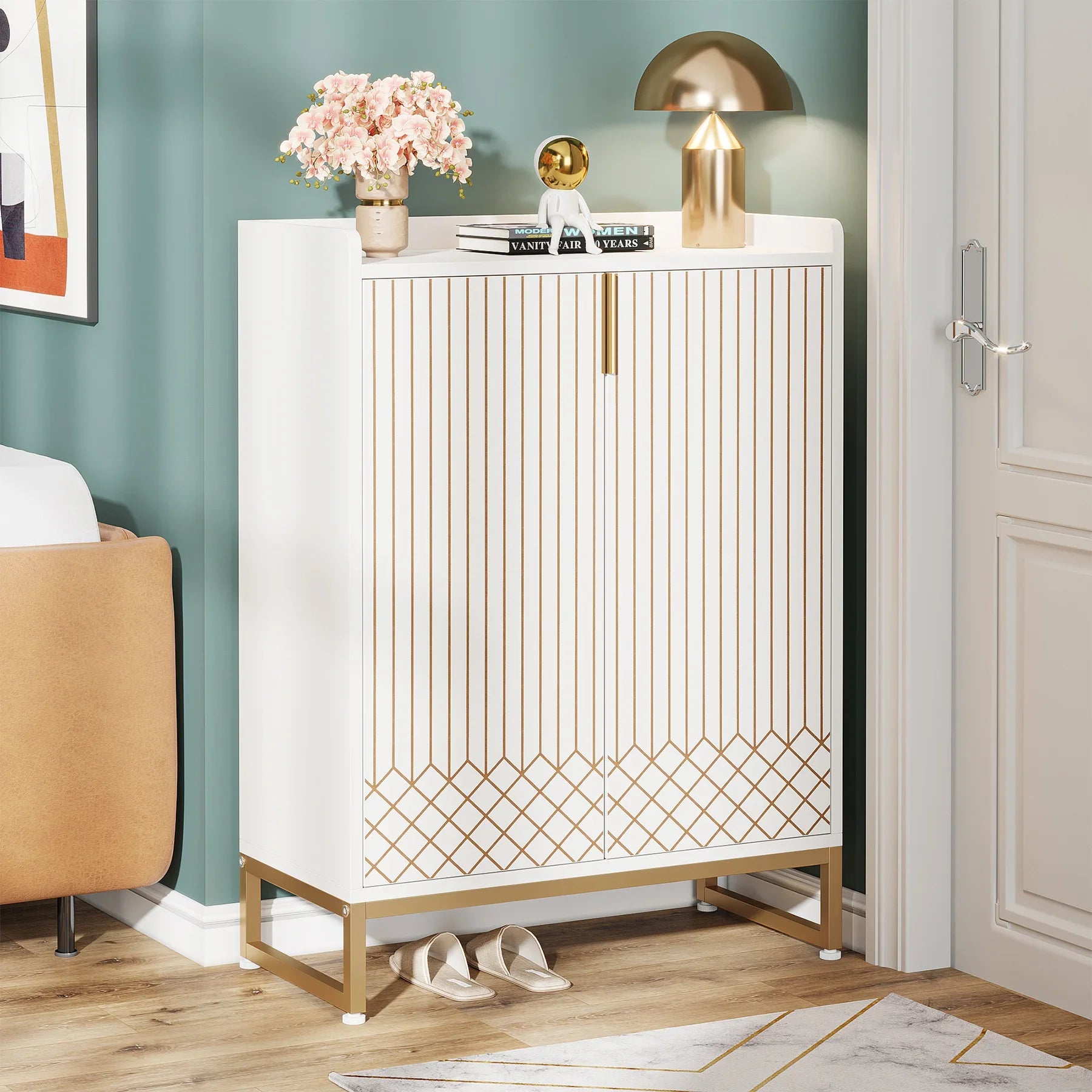 Meuble de Rangement 2 Portes Rainuré avec Motif Géométrique
