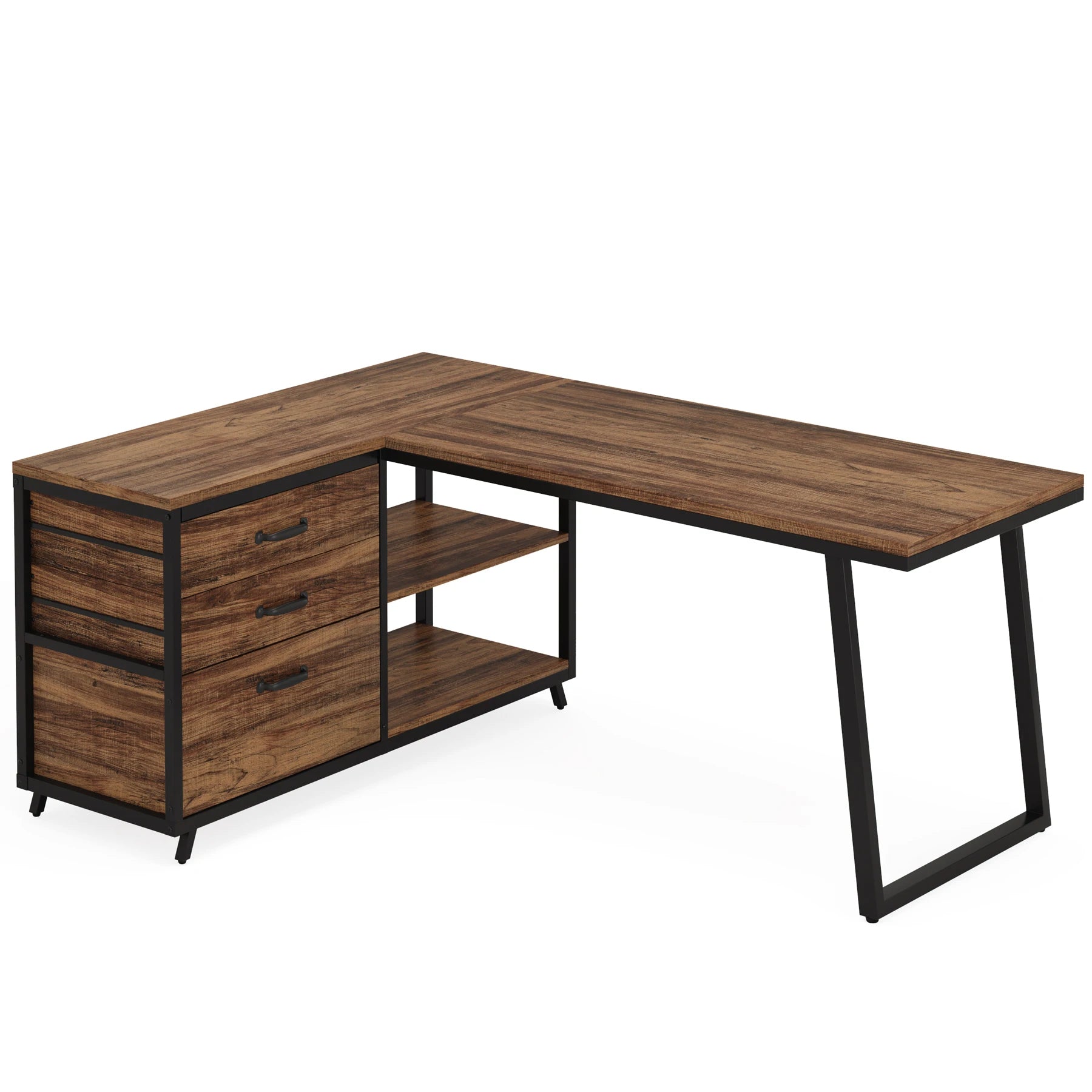 Bureau d’Angle Industriel en Bois Gris avec 3 Tiroirs et Étagères Ouvertes