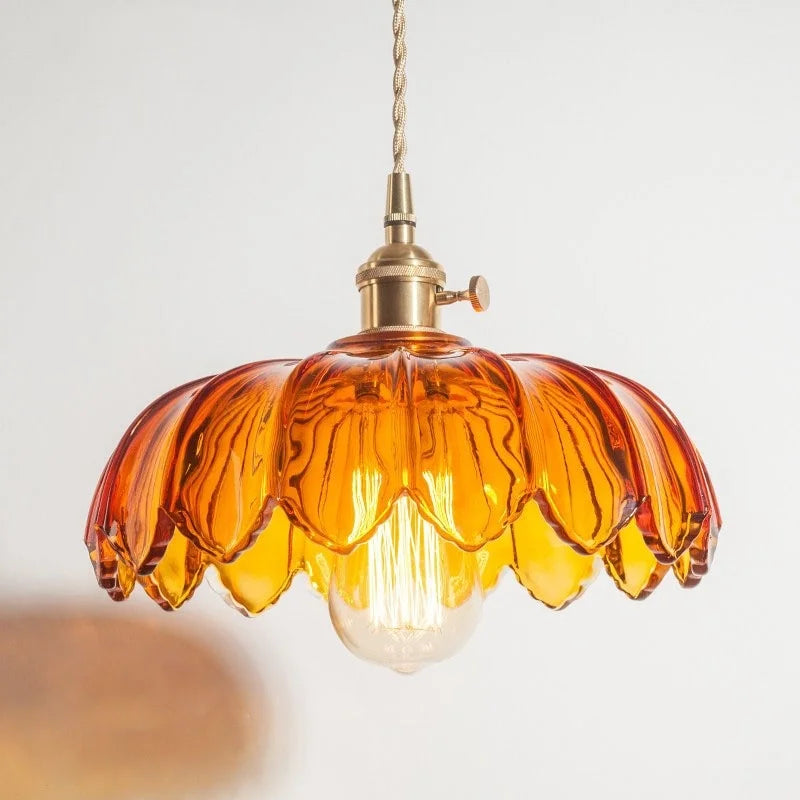 Suspension vintage en verre transparent en forme de fleur de lotus