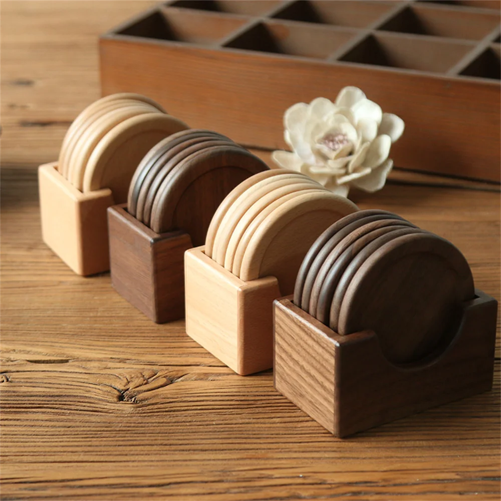 Lot de 6 sous-verres ronds en bois de noyer