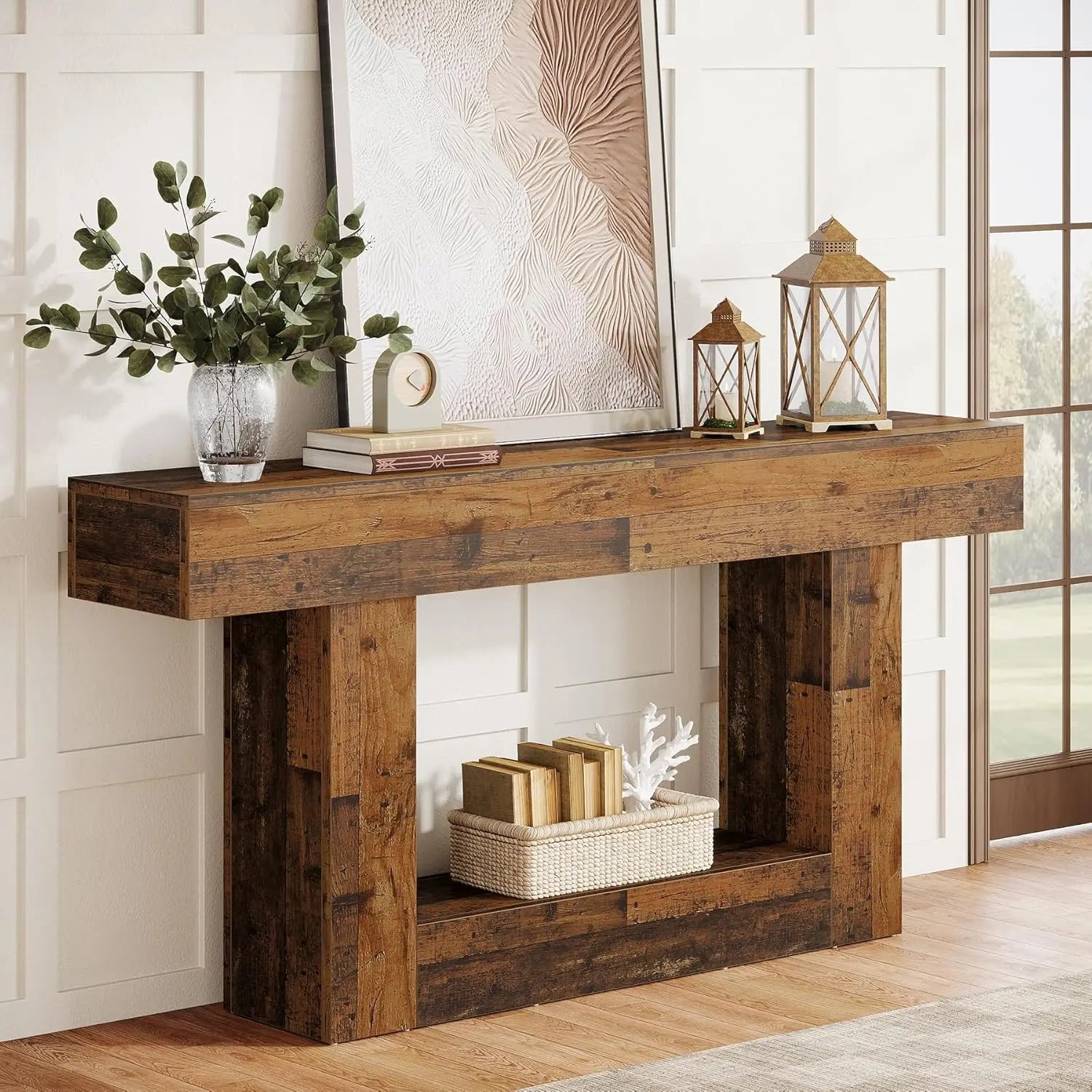 Console en Bois Bicolore avec Plateau Longiligne et Piètement Rectangulaire Architectural