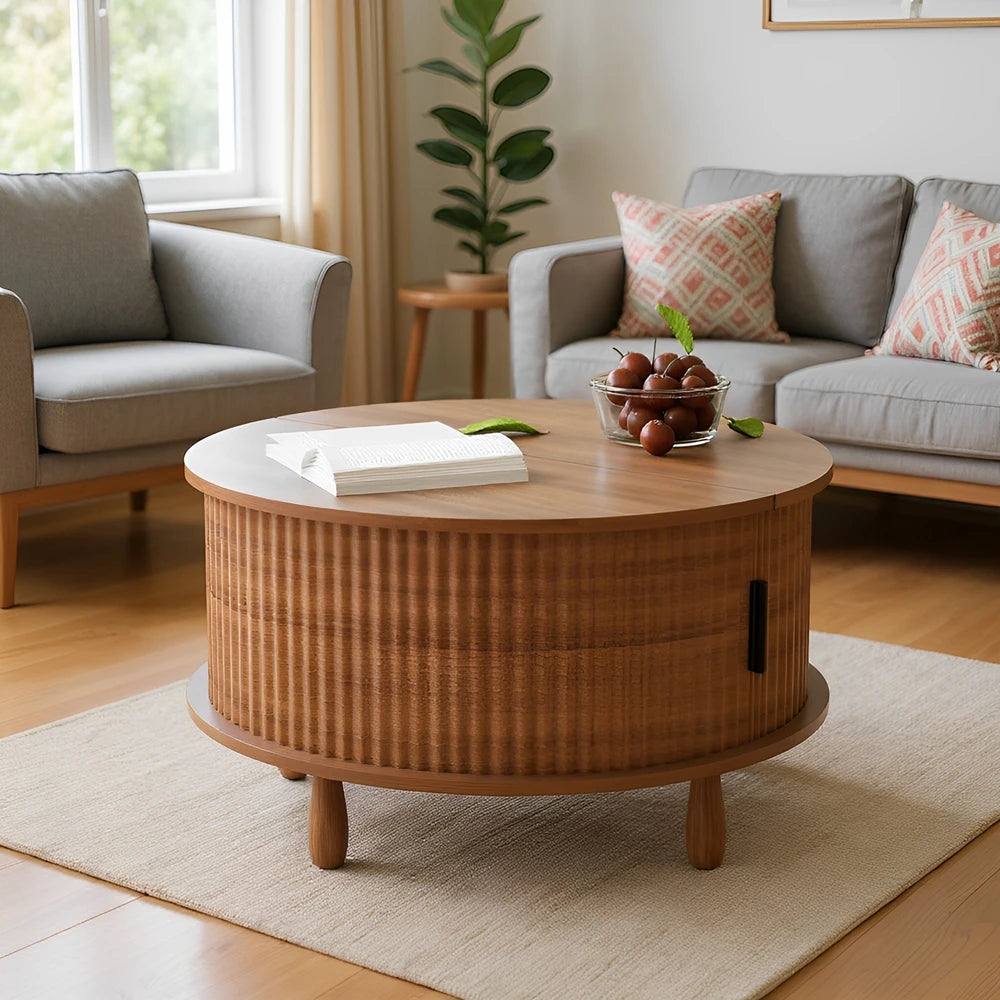 Table Basse Ronde en Bois Naturel et Rotin