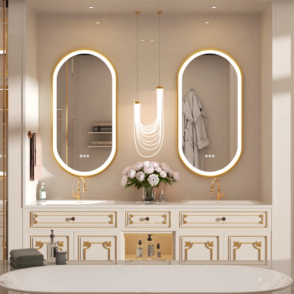 Miroir de Salle de Bain LED Oval – Cadre Doré avec Désembuage